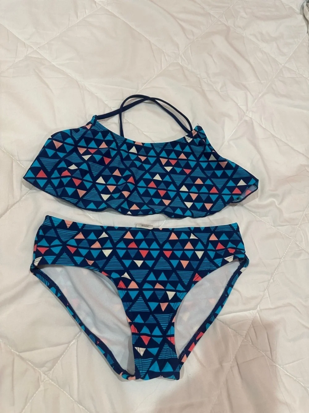 Girls Navy Blue & Pink Triangle Print Bikini Set size 10